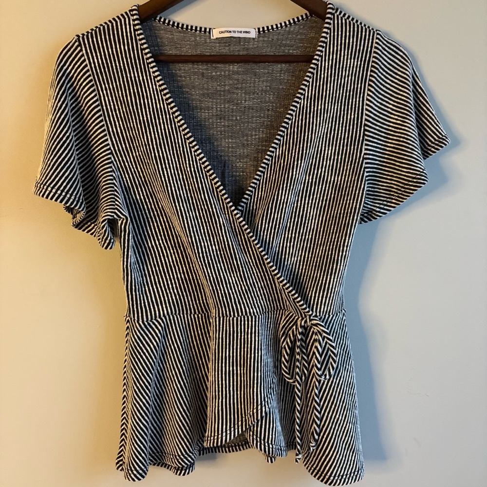 Caution to the Wind Striped Wrap Peplum Top Small Black White Tie Waist